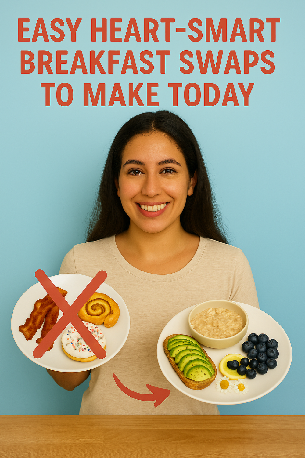 Smiling woman demonstrating breakfast swap: left plate of bacon, frosted donut and cinnamon roll crossed out, right plate showing oatmeal, avocado toast, blueberries, lemon slice and chamomile flowers against blue backdrop with “Easy heart-smart breakfast swaps to make today” headline