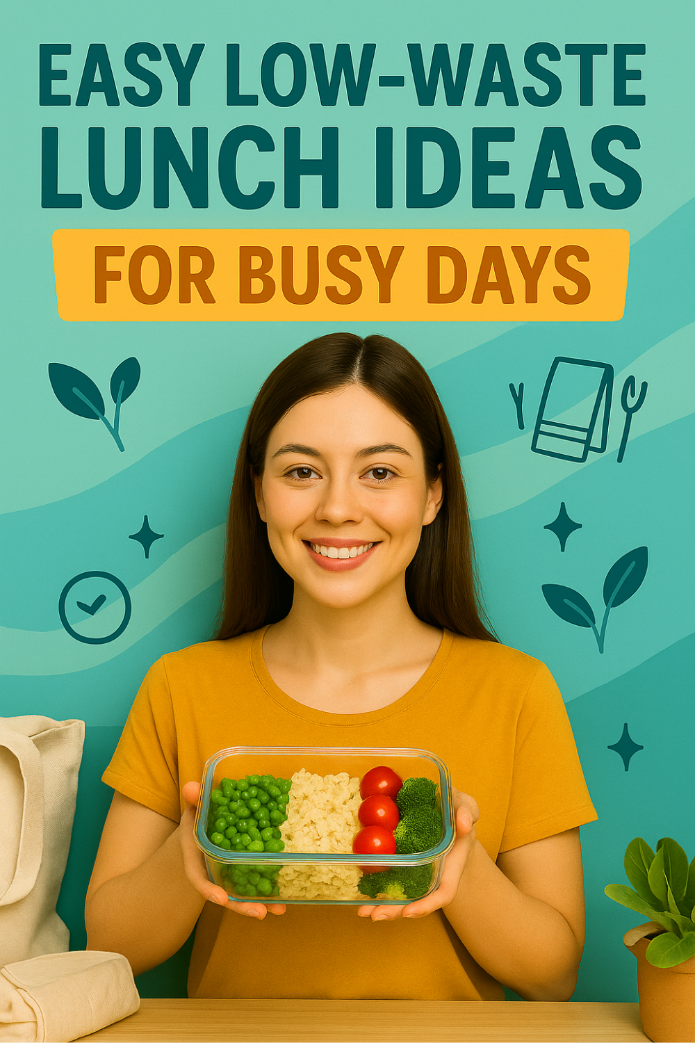 Smiling woman in a mustard top presents a reusable glass container packed with peas, rice, cherry tomatoes, and broccoli; leaf icons, a cloth napkin-and-cutlery graphic, and a teal backdrop highlight easy low-waste lunch ideas that fit hectic days.