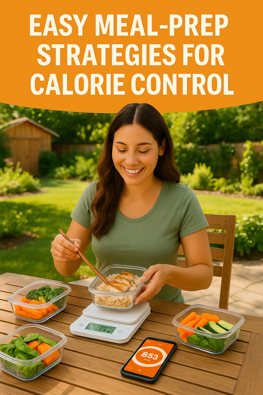 Woman preparing healthy meal portions outdoors, using a food scale for calorie control.