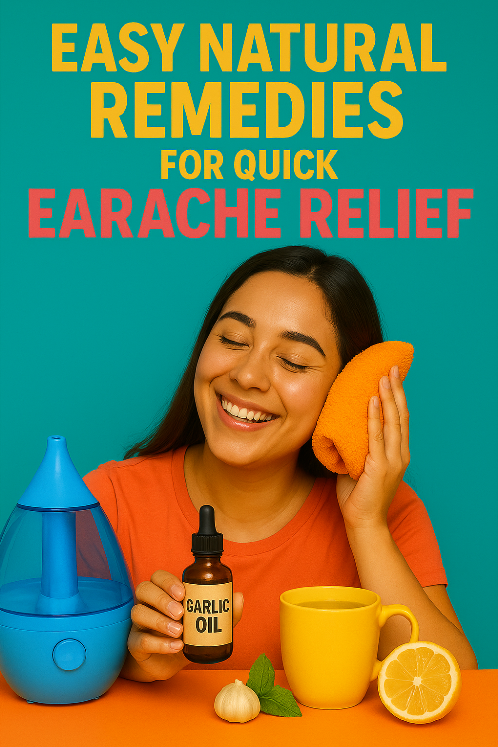 Smiling woman pressing a warm orange compress to her ear, holding a garlic-oil dropper bottle beside a blue humidifier, yellow mug, lemon half, garlic bulb and mint—natural earache relief setup