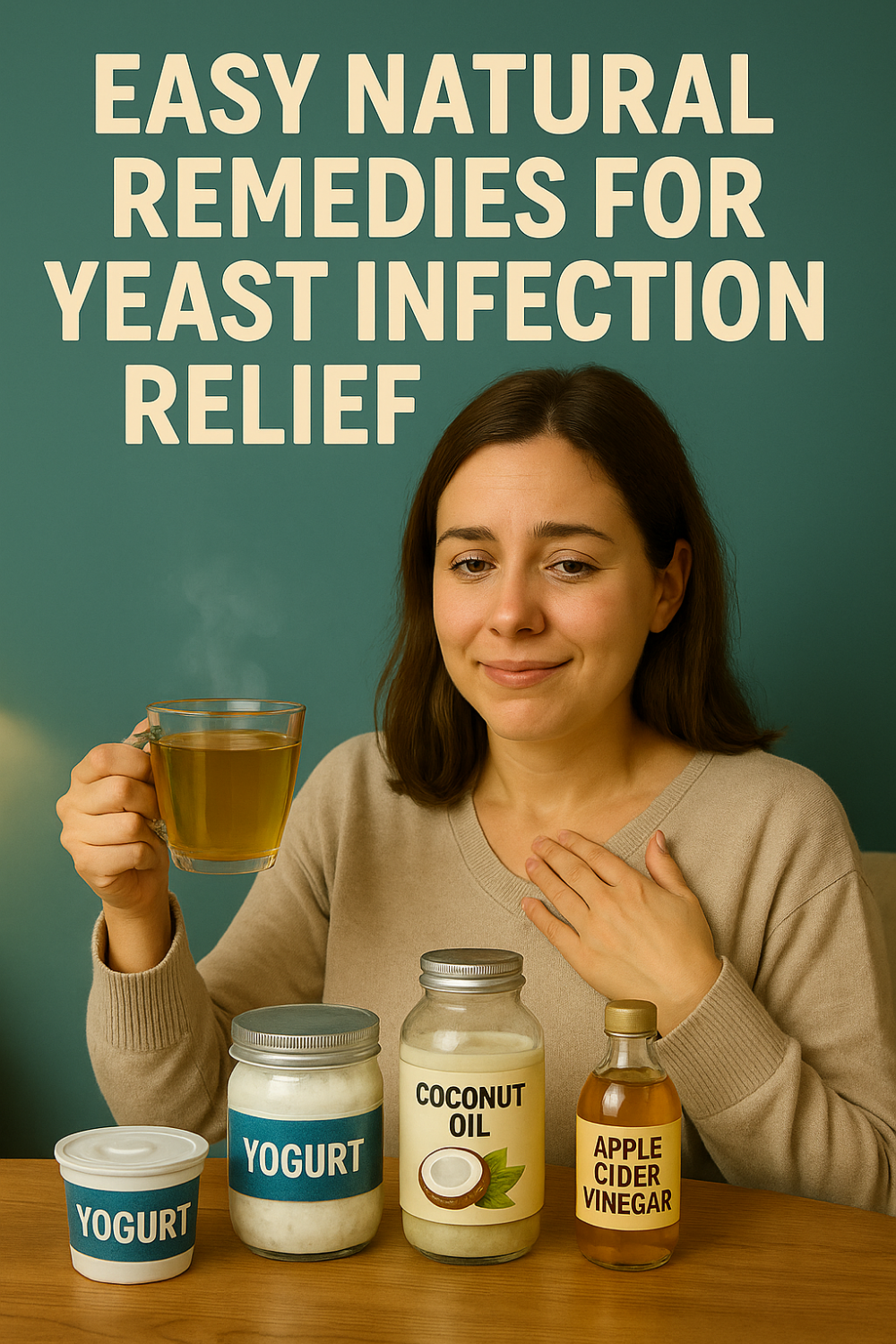 Woman holding warm herbal tea beside yogurt cups, jar of coconut oil, and bottle of apple cider vinegar—easy natural yeast-infection relief remedies