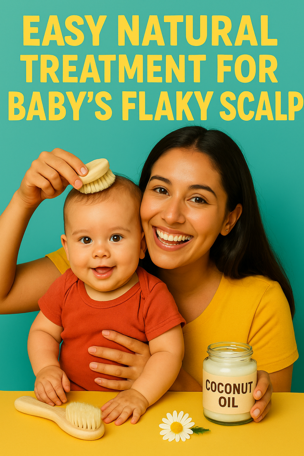 Smiling mom gently brushing baby’s scalp with soft brush while baby grasps another brush; jar of coconut oil and daisy on yellow table illustrating natural flaky-scalp care