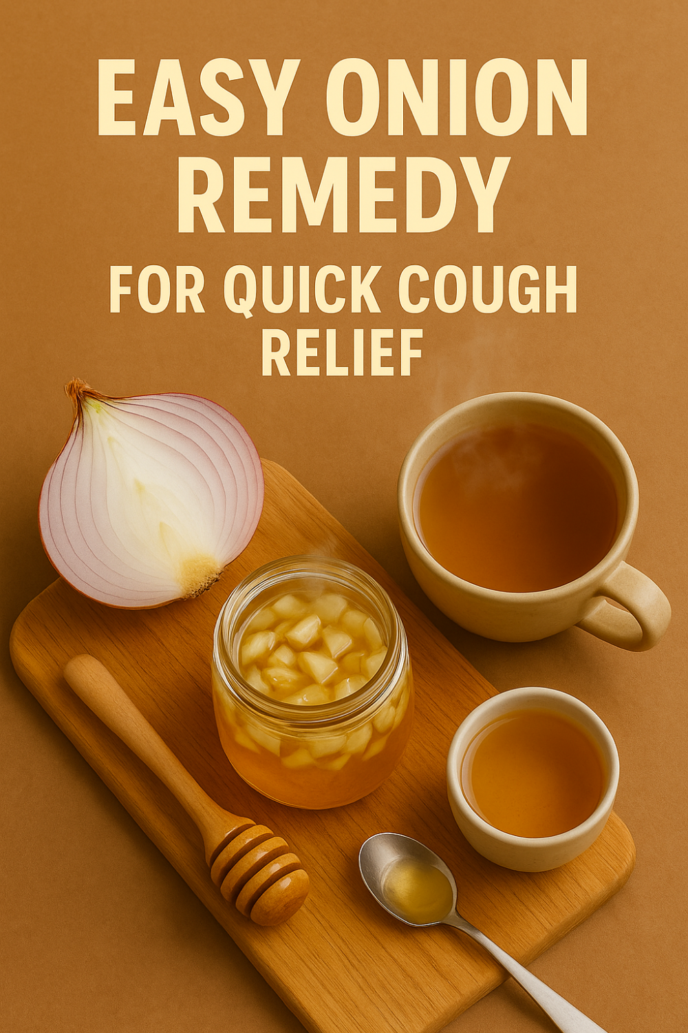 Easy onion cough remedy scene with jar of chopped onion in honey, half onion, honey dipper, spoonful of syrup, and steaming mug of herbal tea on a wooden board