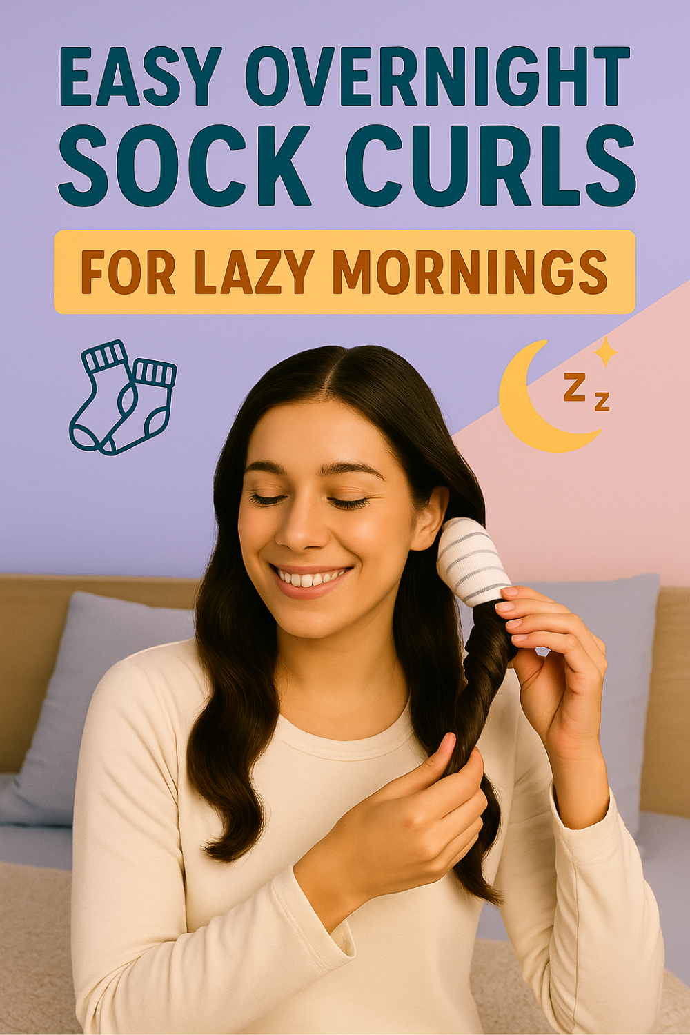 A smiling woman wraps a twisted sock around a strand of hair, demonstrating a simple overnight curling hack that delivers soft waves for lazy, get-up-and-go mornings.