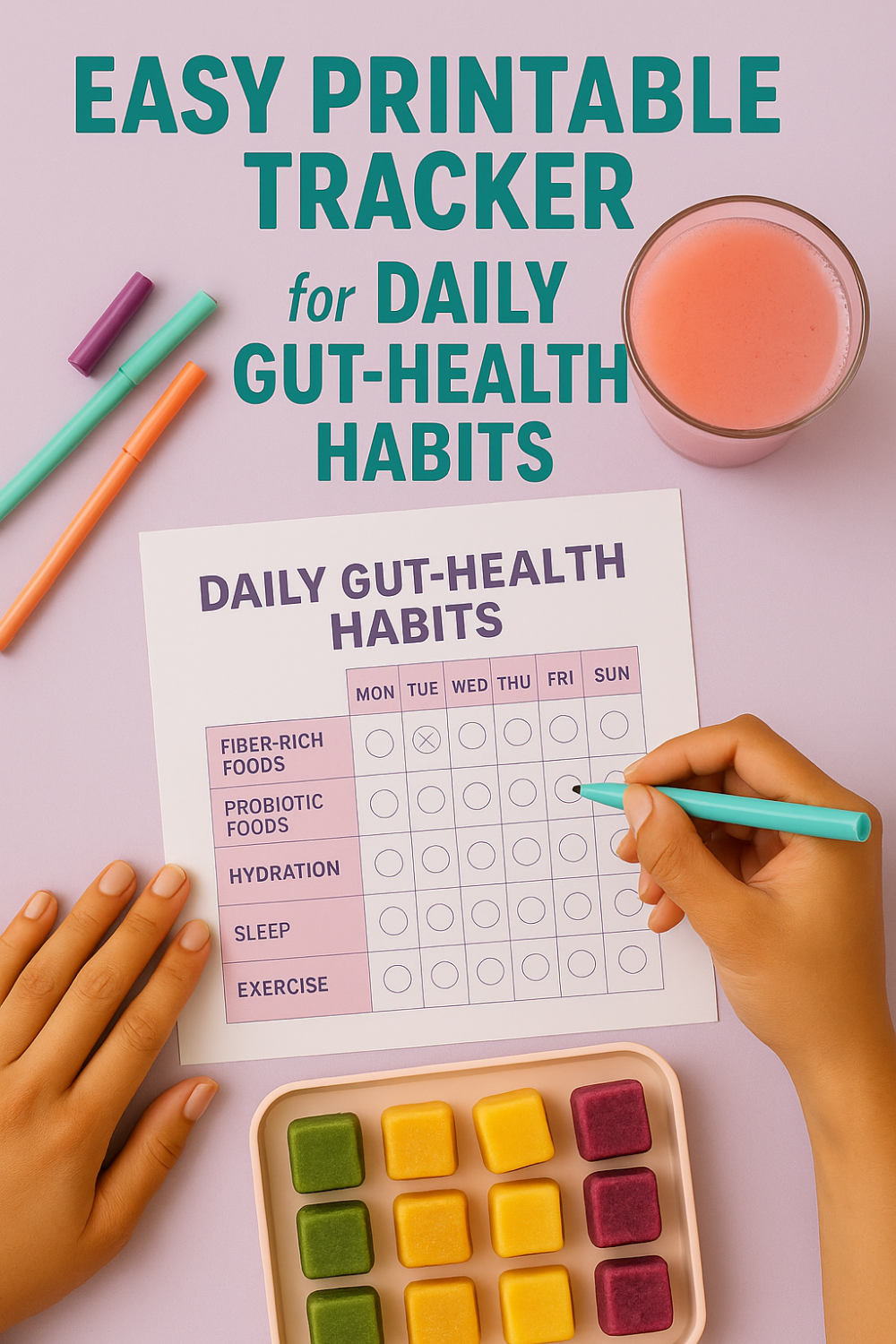 Person filling out a daily gut-health habit tracker, with colorful smoothie cubes, pens, and a smoothie on the table.
