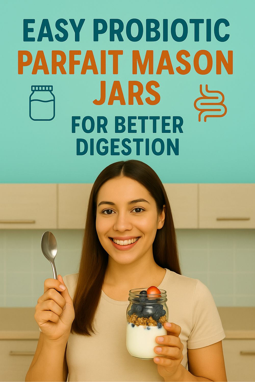 Smiling woman holds a mason jar layered with yogurt, granola and fruit, spoon at the ready, illustrating a simple probiotic parfait recipe for smoother digestion.