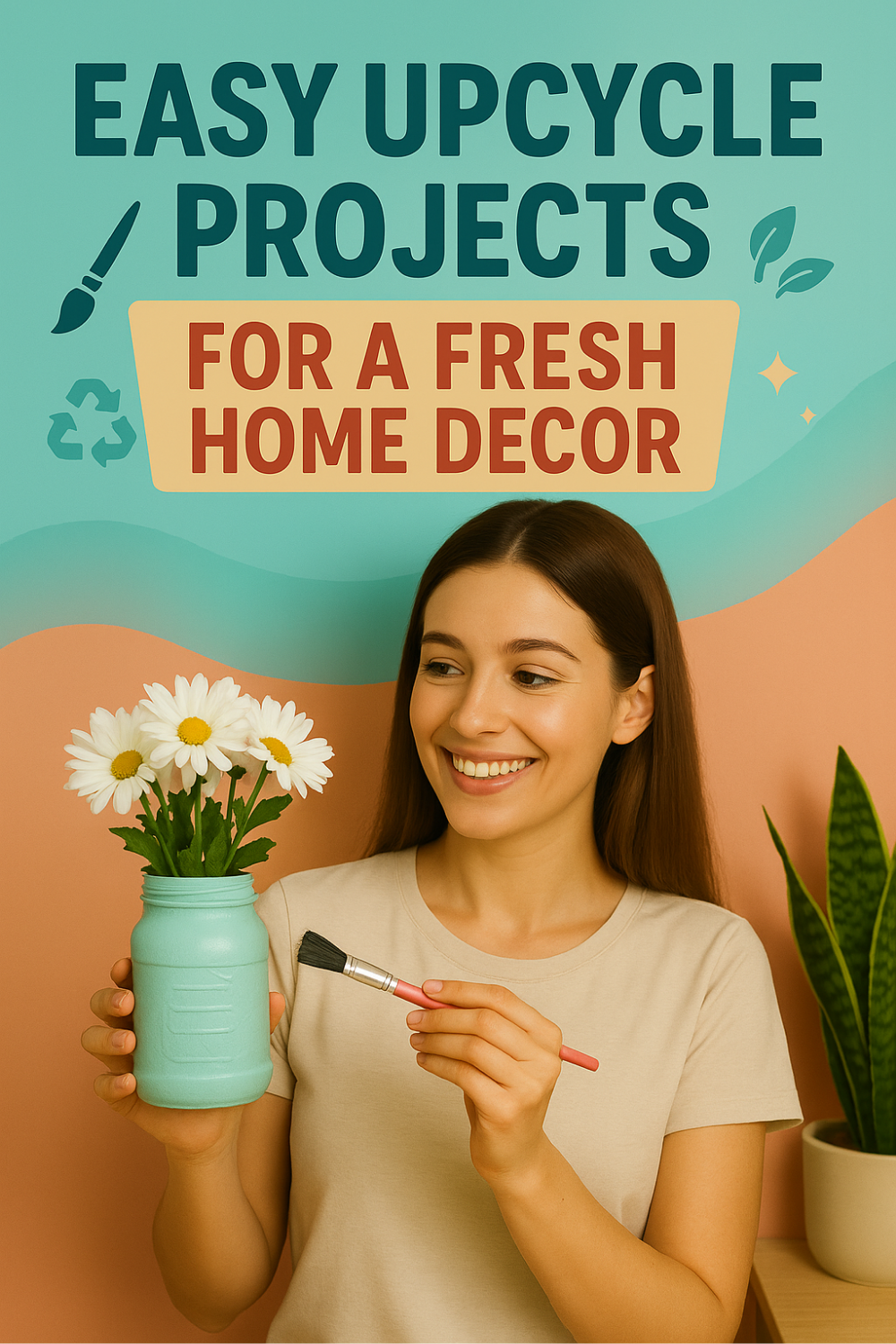 Smiling woman repurposes a glass jar into a teal vase of daisies with a paintbrush; recycle symbol, paintbrush graphic, and leafy accents on a mint-peach backdrop evoke easy upcycle projects for fresh home decor.