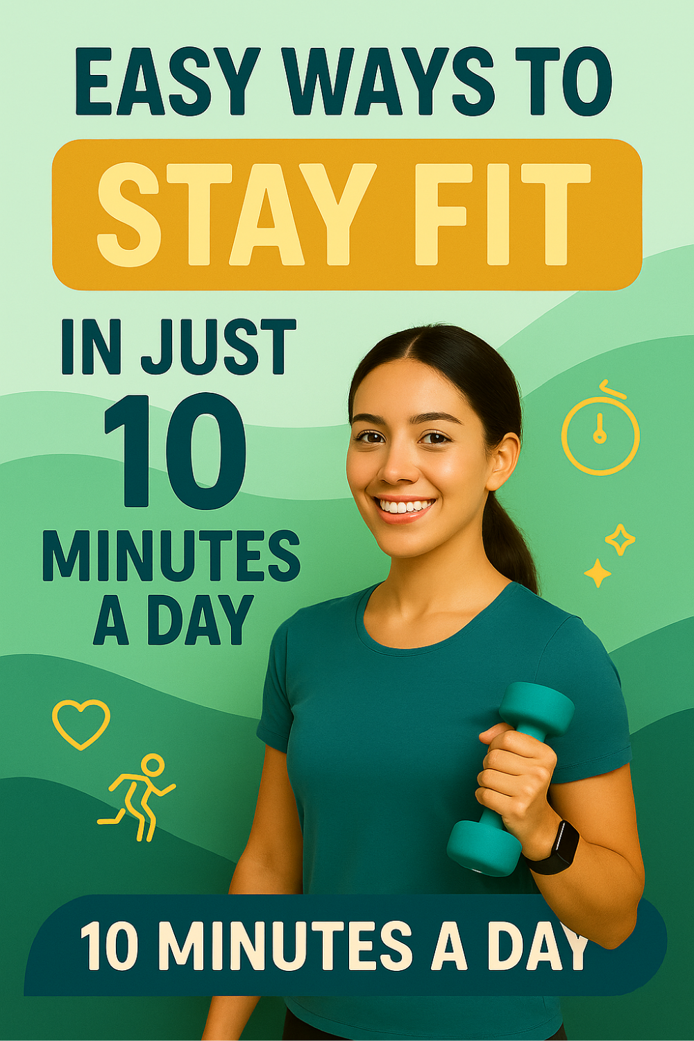 Grinning woman in a teal workout tee grips a matching dumbbell and sports a fitness tracker; heart, stopwatch, and running-figure icons pop against a mint gradient backdrop, underscoring easy ways to stay fit in just 10 minutes a day.