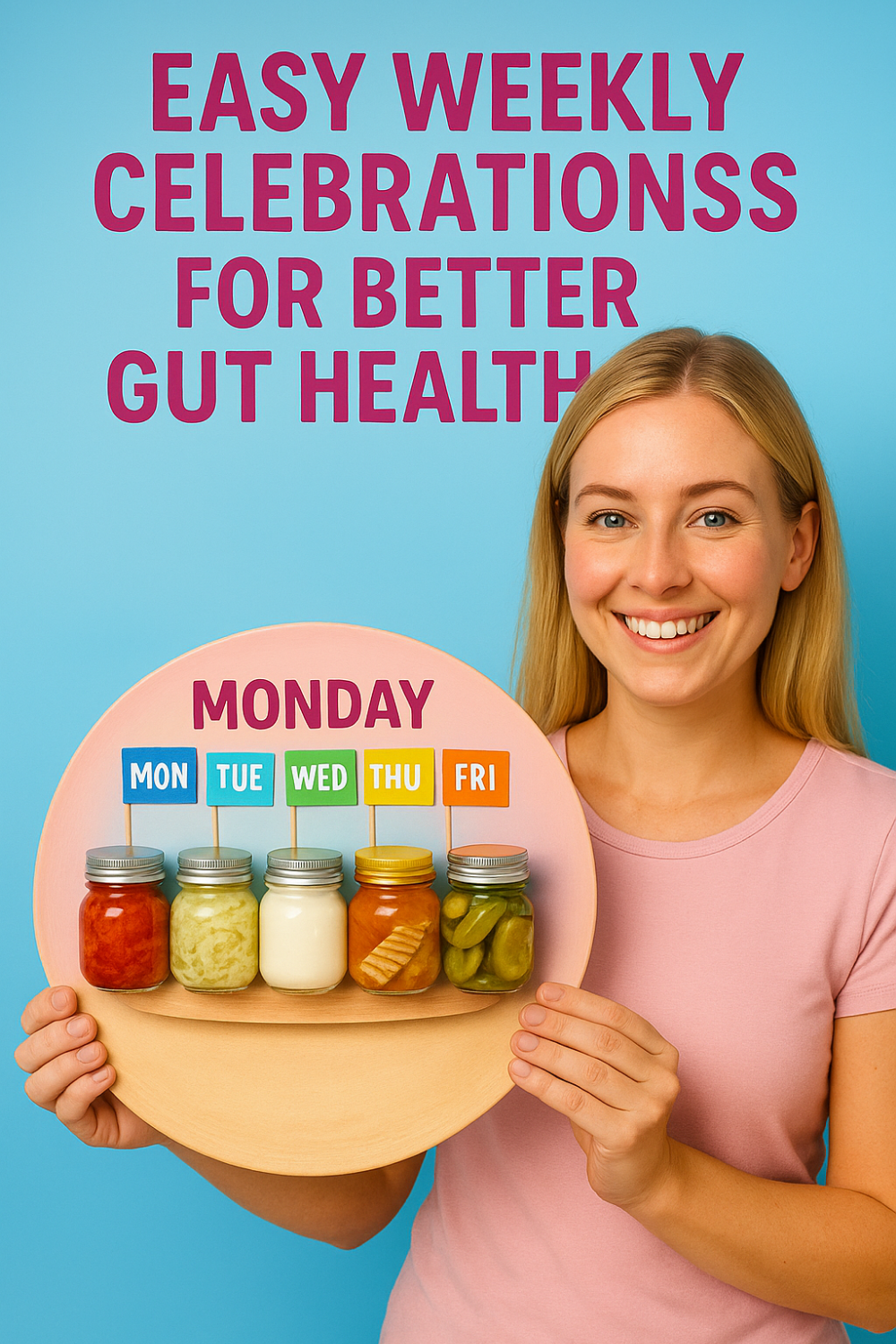 Smiling woman holding a plate with jars labeled for weekdays, representing gut health foods.