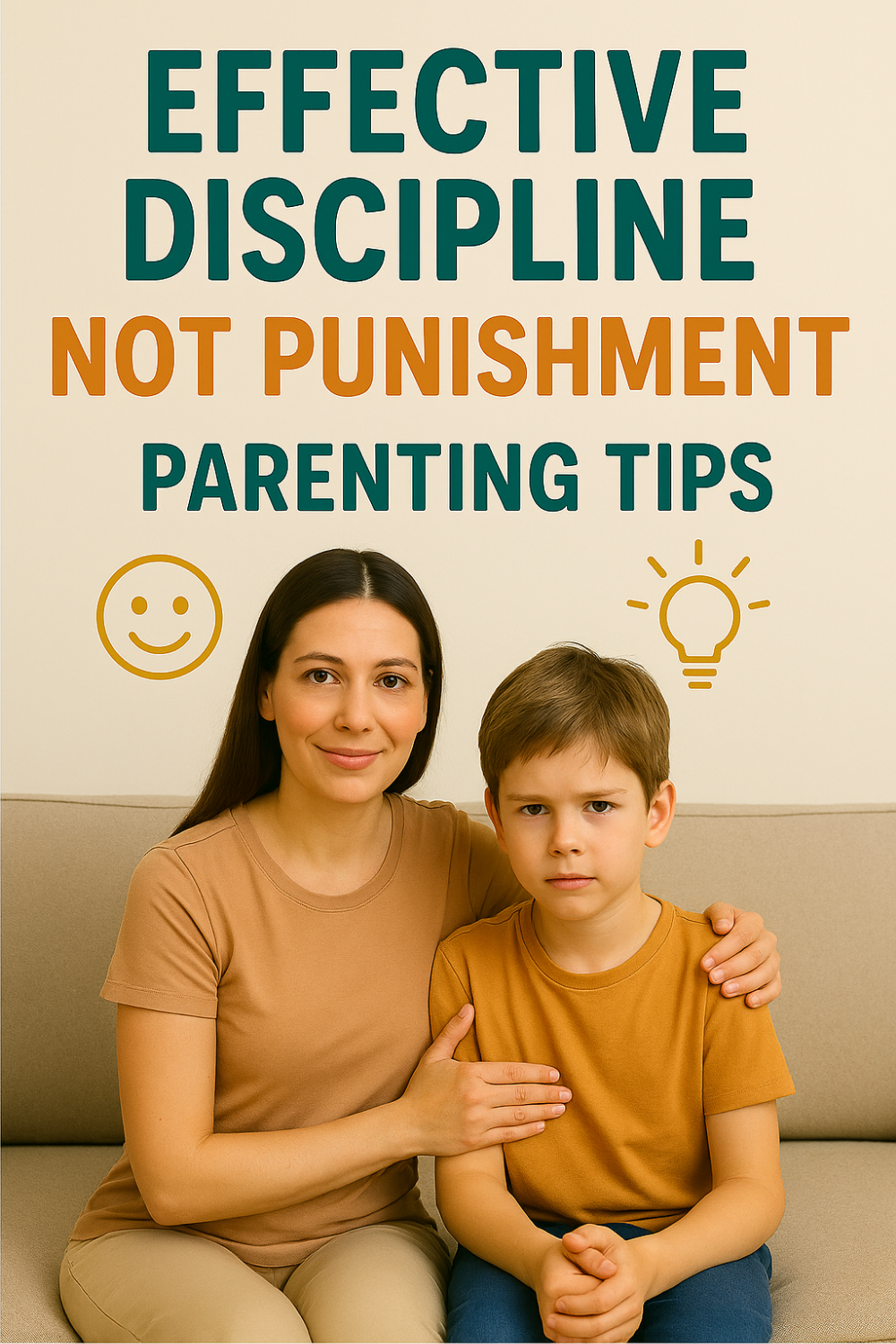 Mom sits beside her frowning son on the couch, arm around him, modeling gentle guidance and positive discipline tips that focus on teaching instead of punishing.