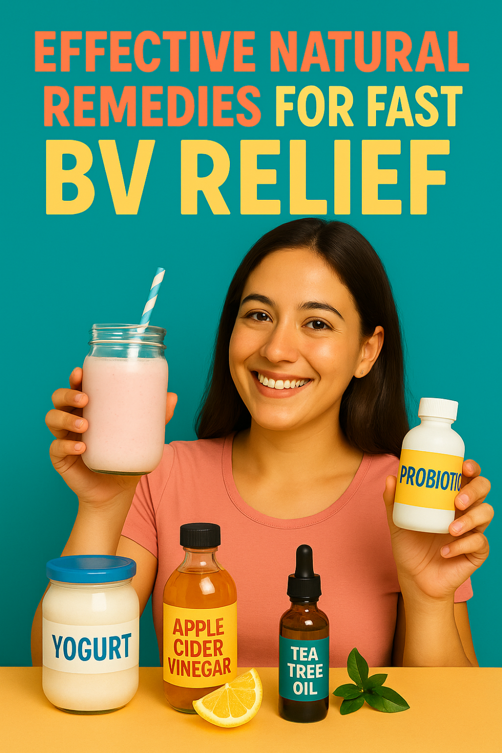 Woman smiling while holding probiotic bottle and sipping pink yogurt smoothie; table displays yogurt jar, apple cider vinegar, tea tree oil dropper and lemon slice—natural BV relief lineup