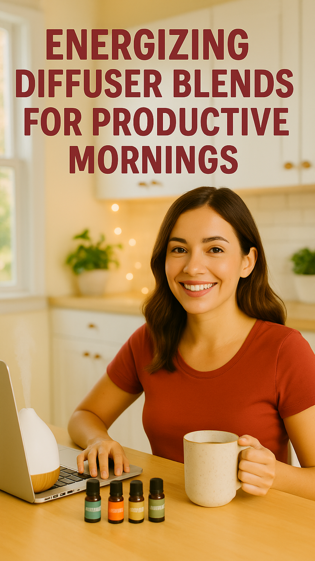A cheerful woman in a bright kitchen, holding a mug and using a laptop, sitting next to an essential oil diffuser releasing steam, with bottles of energizing essential oils arranged in front of her, symbolizing productive morning routines.