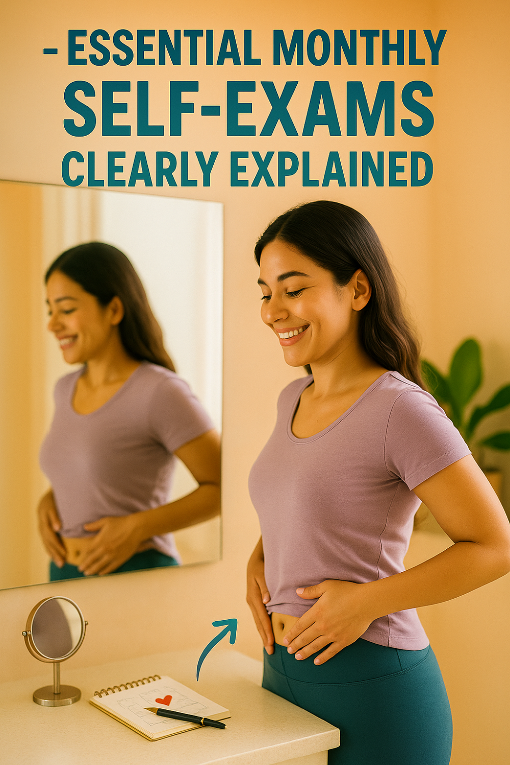 Smiling woman performing a monthly self-exam in front of a mirror.