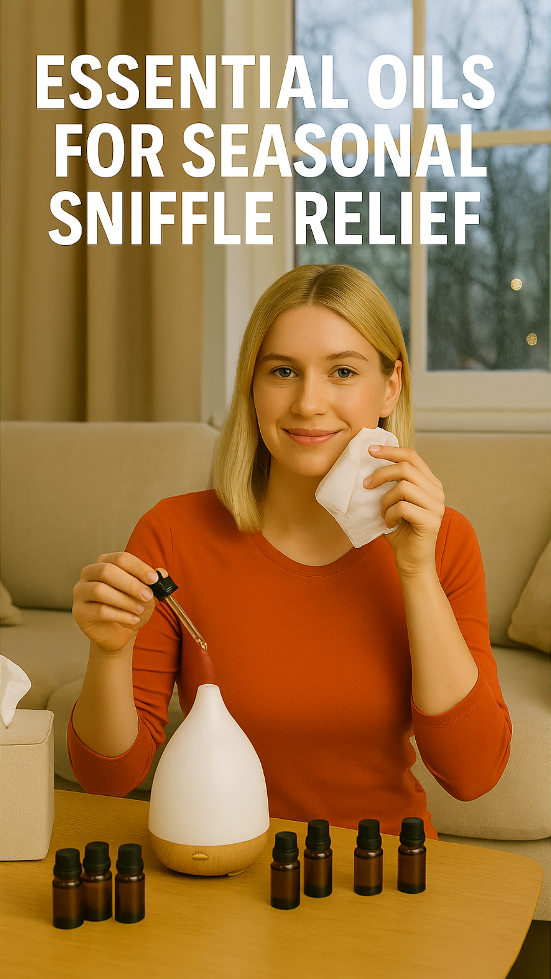 Essential oils for seasonal sniffle relief: woman adds drops to a diffuser and holds a tissue, showing a cozy at-home remedy.