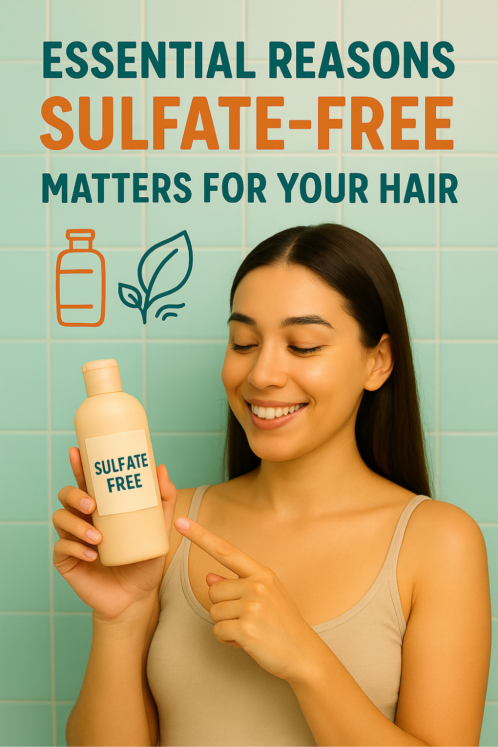 Smiling woman in a tiled shower points to a sulfate-free shampoo bottle, illustrating why switching to sulfate-free products is key for healthier, more vibrant hair.