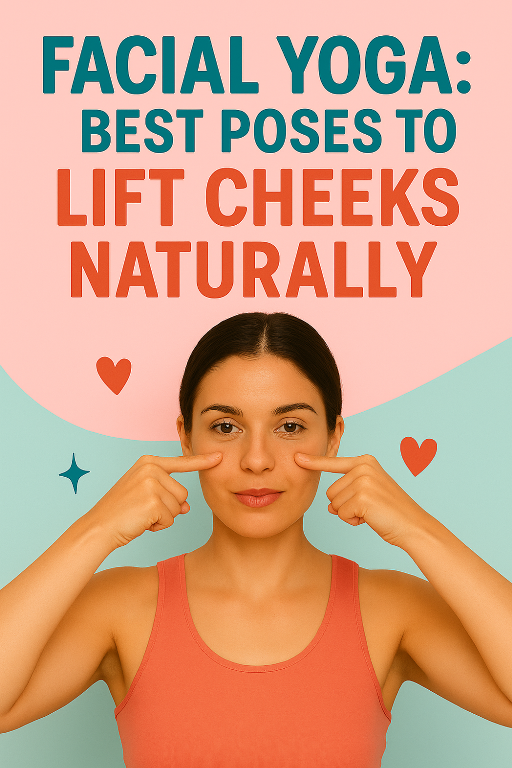 Facial Yoga: Best Poses to Lift Cheeks Naturally. A woman demonstrates a simple facial yoga pose, gently pressing her index fingers against her cheeks, showcasing a technique aimed at naturally lifting and firming cheek muscles.
