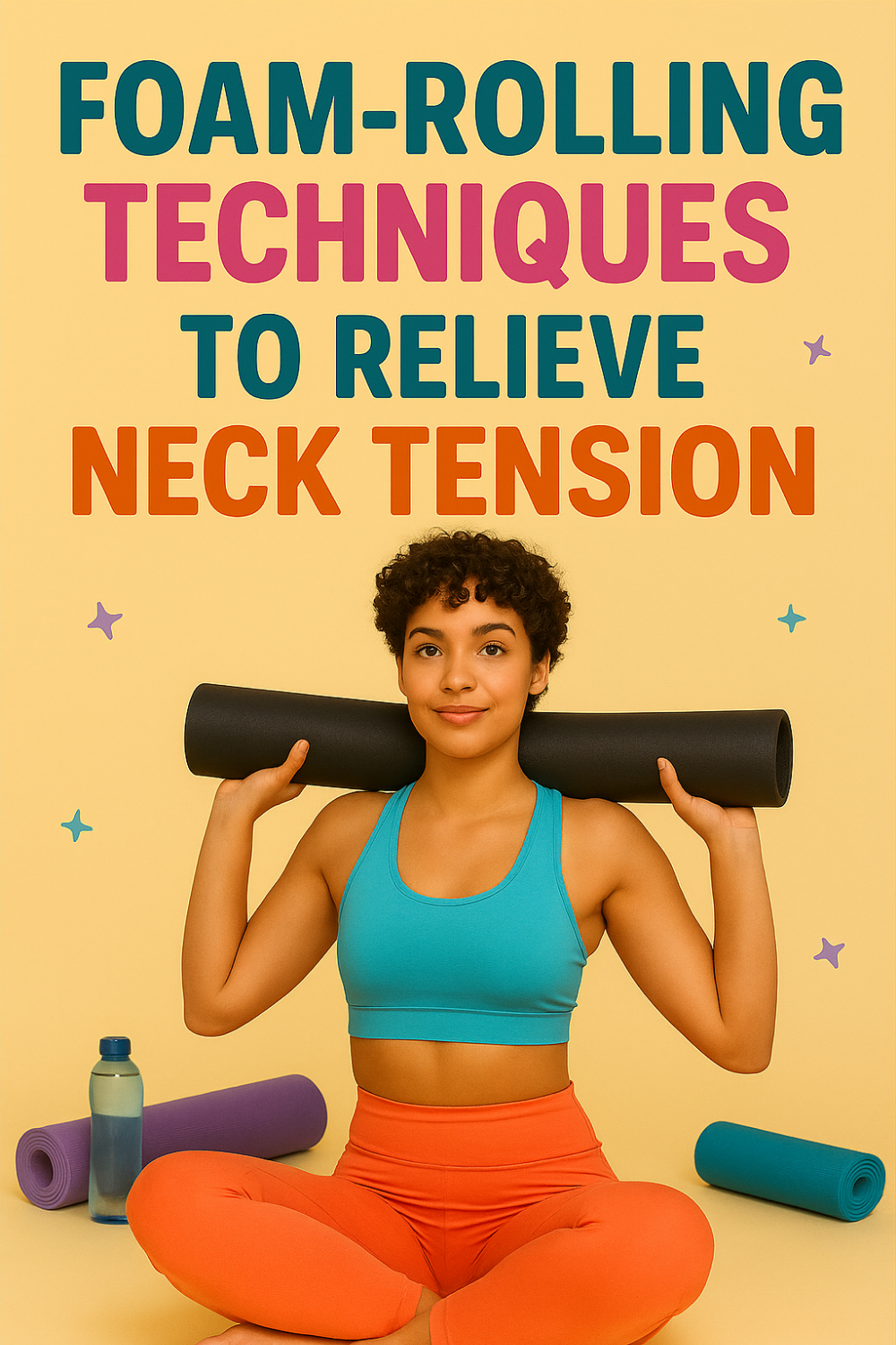 Foam-rolling techniques to relieve neck tension – woman in teal sports bra holds a black foam roller across her shoulders while seated cross-legged on a yellow mat with rolled exercise mats and water bottle nearby.
