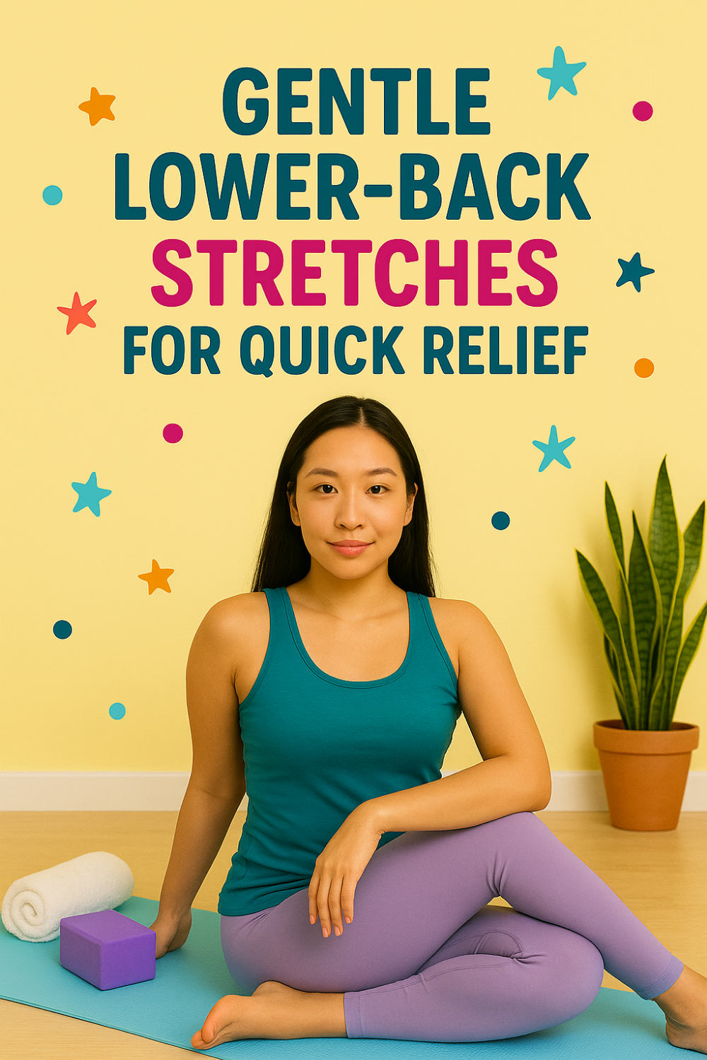 Gentle Lower-Back Stretches for Quick Relief – woman seated on yoga mat in an easy spinal twist with a rolled towel and yoga block nearby.