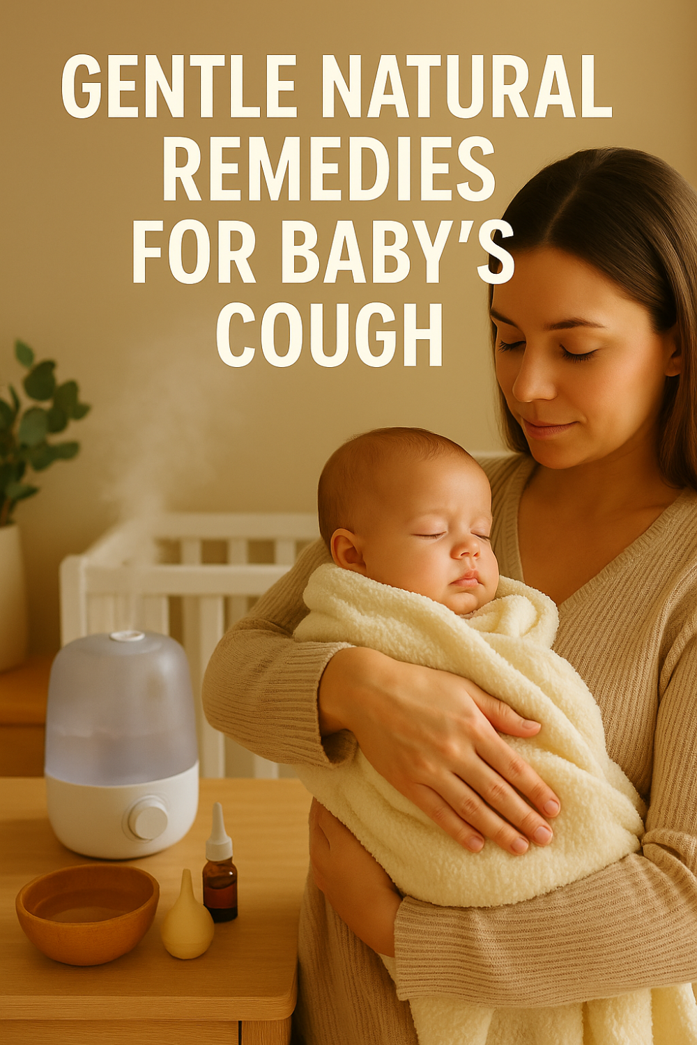 Mother cradling a sleeping baby wrapped in a cozy blanket beside a steaming humidifier, saline drops, nasal aspirator, and bowl—illustrating gentle natural cough remedies in a nursery setting.