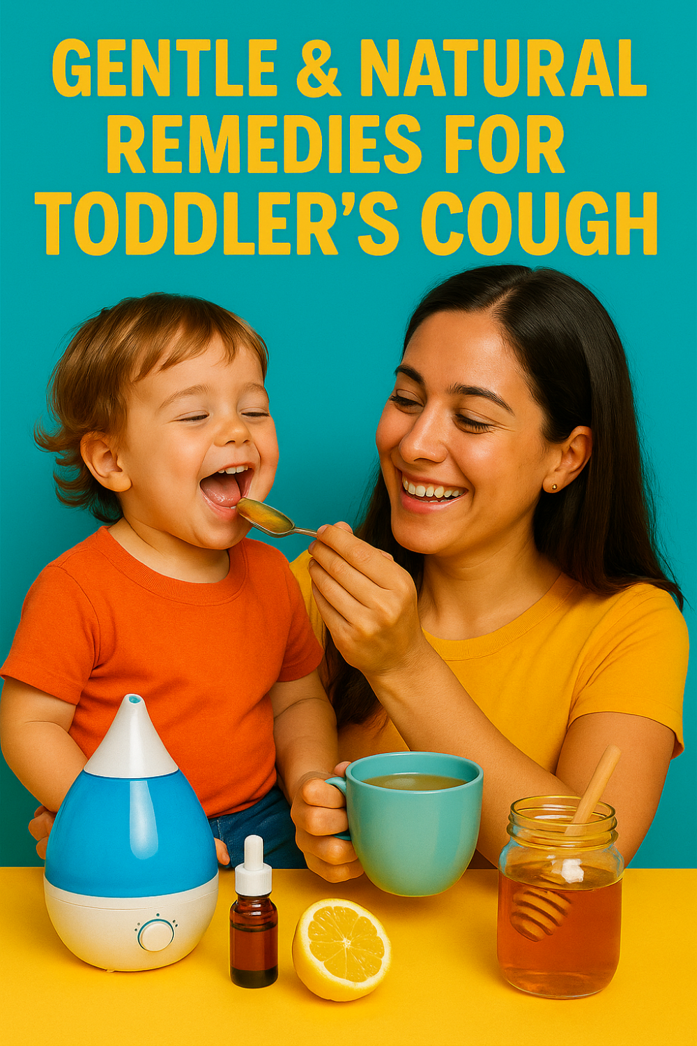 Mother giving toddler a spoonful of honey while holding warm tea, with humidifier, dropper bottle, lemon half, and jar of honey on a bright table—gentle natural cough remedies for toddlers