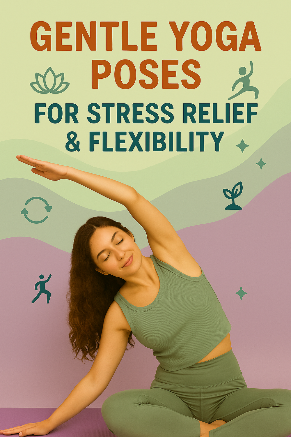 On a lavender yoga mat, a woman in sage-green activewear sits cross-legged and leans into a slow side bend with one arm sweeping overhead, eyes closed in calm focus—an inviting example of gentle yoga meant to ease stress and improve flexibility; lotus, sprout, and movement icons accent the soothing green-to-violet backdrop.