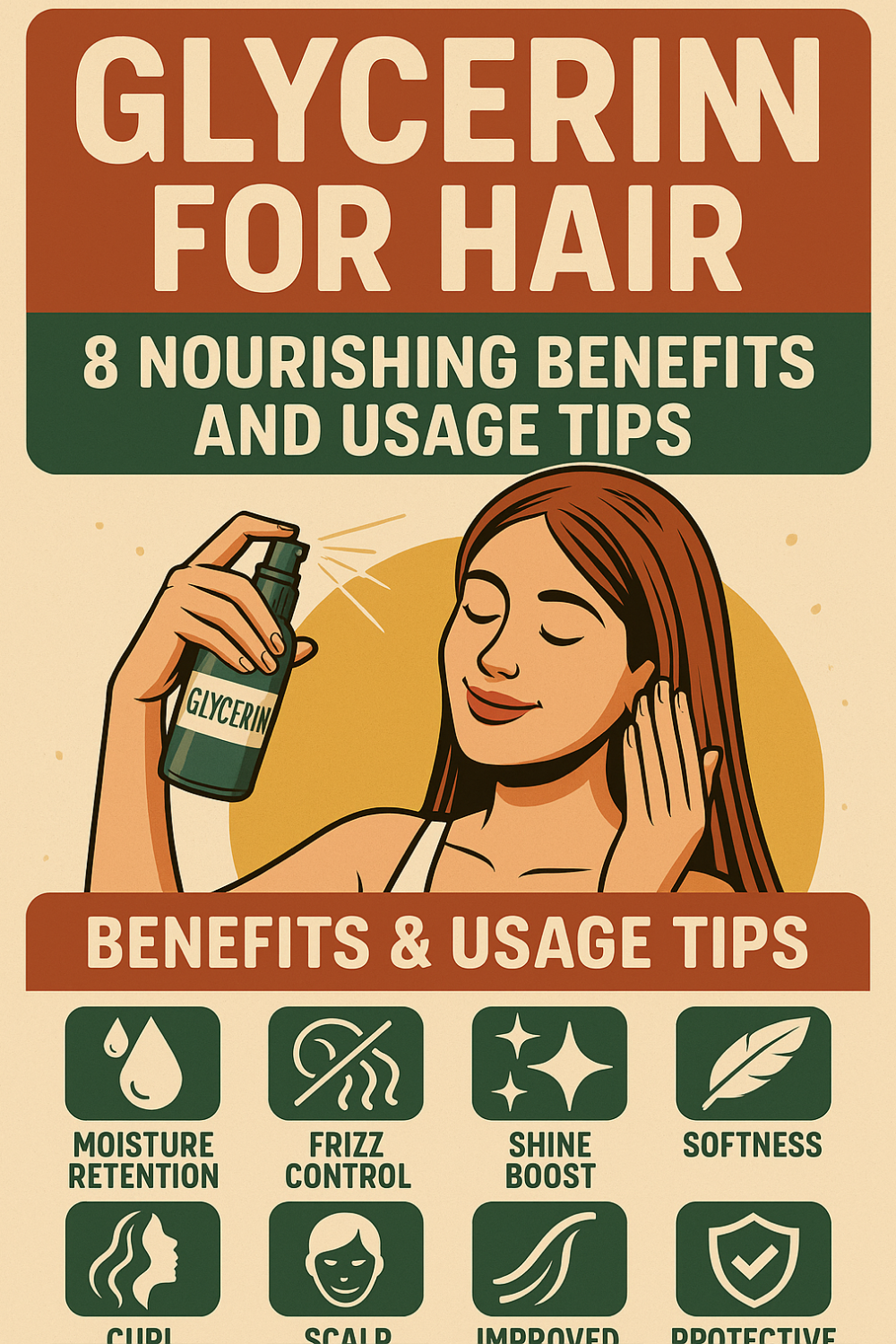 Smiling woman holding a glycerin spray bottle as she misting her long hair against a warm, sunburst backdrop; below, eight icons illustrate moisture retention, frizz control, shine boost, softness, curl definition, scalp health, improved elasticity, and a protective barrier—emphasizing glycerin’s nourishing benefits for hair.
