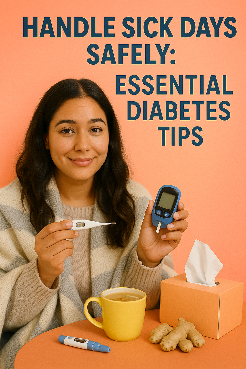 Woman holding a thermometer and glucose meter next to ginger, tea, and tissues.