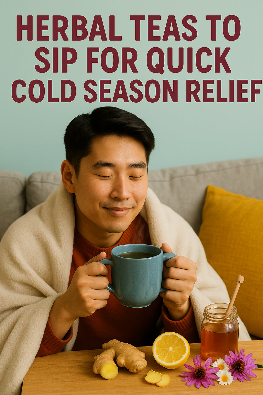 Man wrapped in cozy blanket savoring herbal tea in blue mug; ginger, lemon, honey jar with dipper, chamomile and echinacea flowers arranged on nearby table for cold-season relief