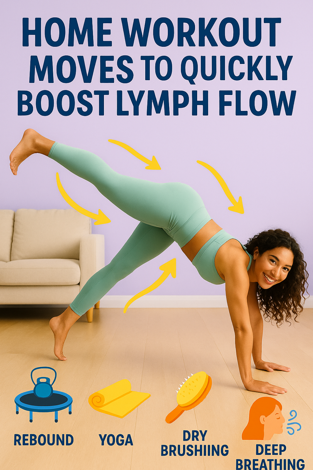 Woman in green workout gear performing donkey-kick plank in living room, yellow arrows highlighting lymph flow, with icons for rebound exercises, yoga mat, dry-brushing brush and deep-breathing practice