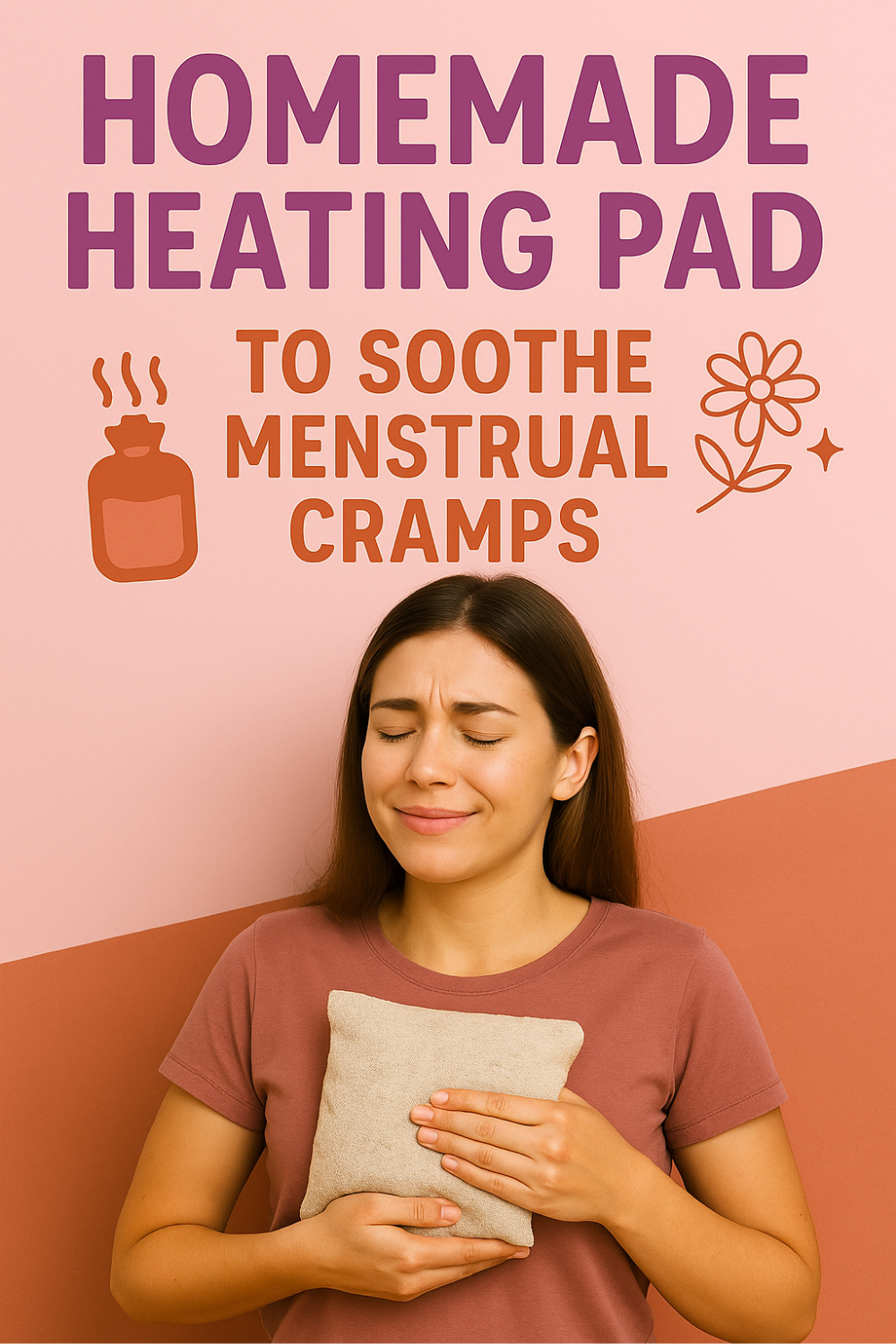 Eyes closed in gentle relief, a young woman presses a soft, square heating pad against her lower abdomen; pink gradient backdrop with minimalist hot-water-bottle steam and floral icons highlights this homemade remedy for soothing menstrual cramps.