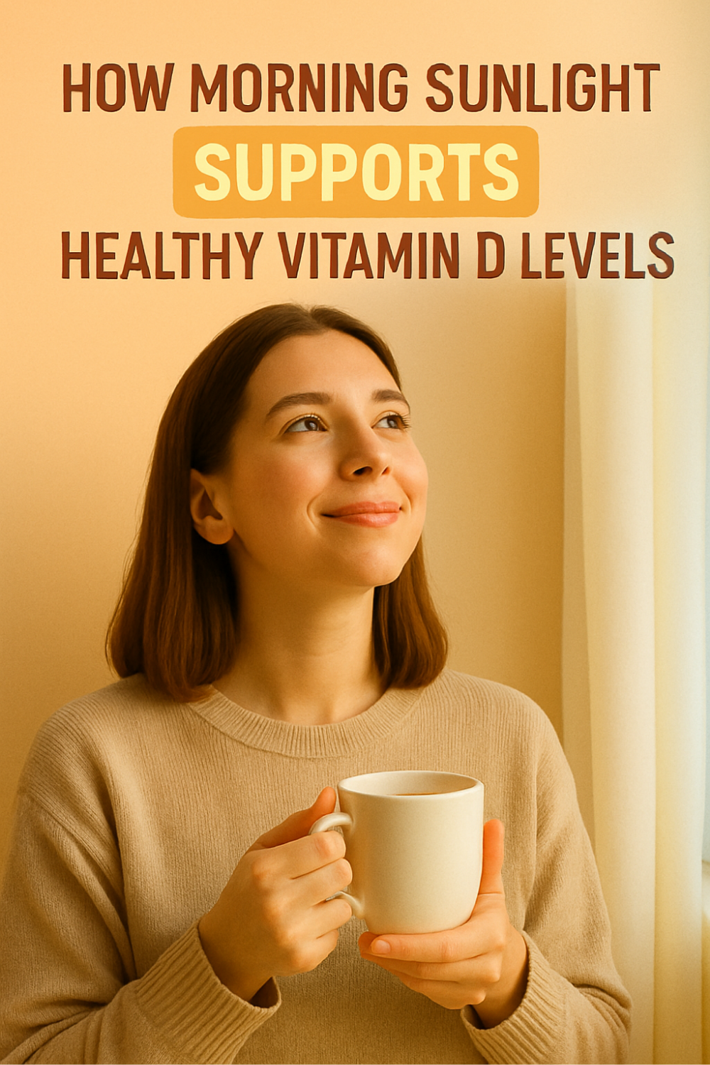 Morning glow bathes a smiling woman sipping coffee by the window, showing how early sunlight helps boost vitamin D and overall well-being.