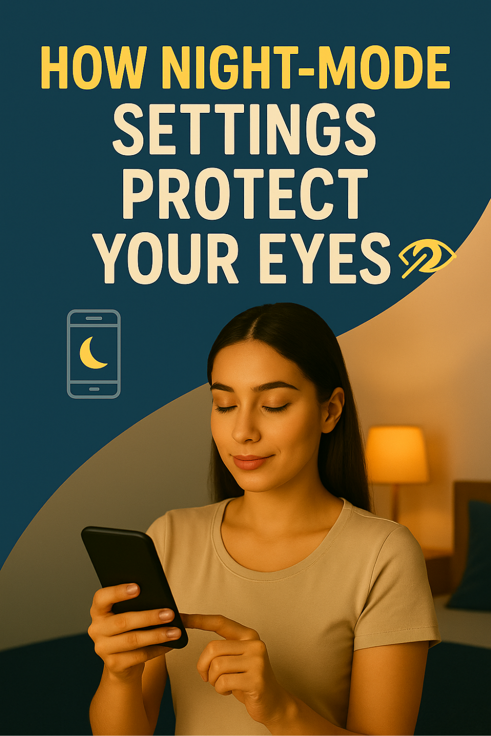 Woman in a softly lit bedroom scrolls her phone with night mode enabled, showcasing how warmer screen tones soothe eyes in low-light hours.