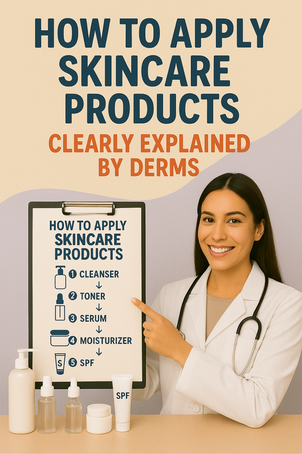 Dermatologist in a lab coat points to a clipboard listing cleanser, toner, serum, moisturizer and SPF, illustrating the proper order for layering daily skincare products.
