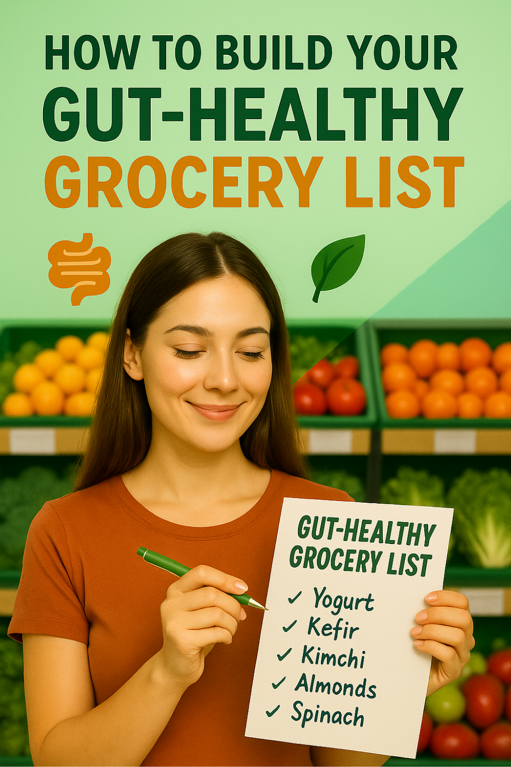 Smiling woman in a produce aisle holds a list of yogurt, kefir, kimchi, almonds and spinach, showing tips for crafting a gut-friendly grocery list rich in probiotics and fiber.