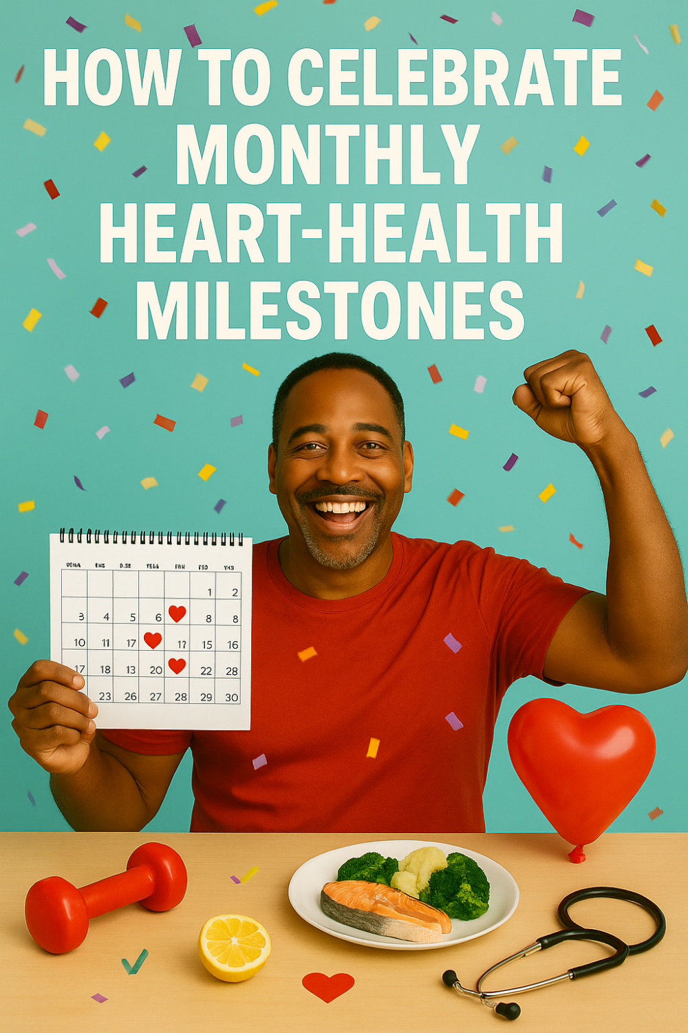 Smiling man in red shirt flexing arm and holding calendar marked with heart icons amid confetti, with dumbbell, plate of salmon and veggies, lemon half, stethoscope and red heart balloon on table symbolizing monthly heart-health milestones