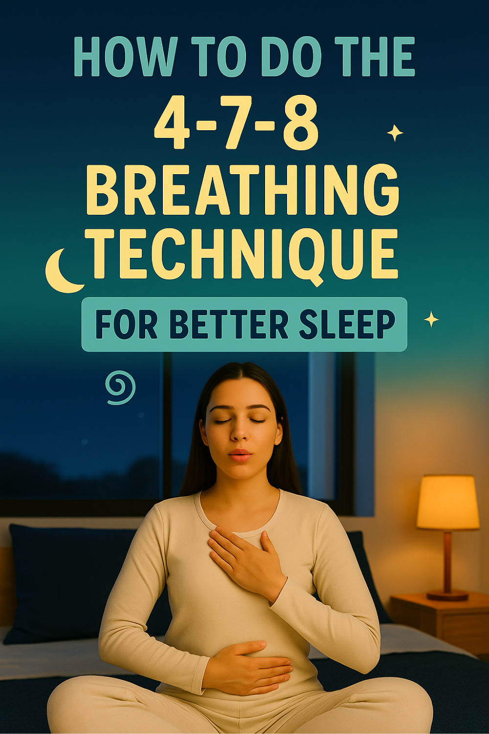 In a dim bedroom, a woman in pajamas sits cross-legged, one hand on chest and the other on her belly, eyes closed, practising the 4-7-8 breathing exercise to drift into deeper sleep.
