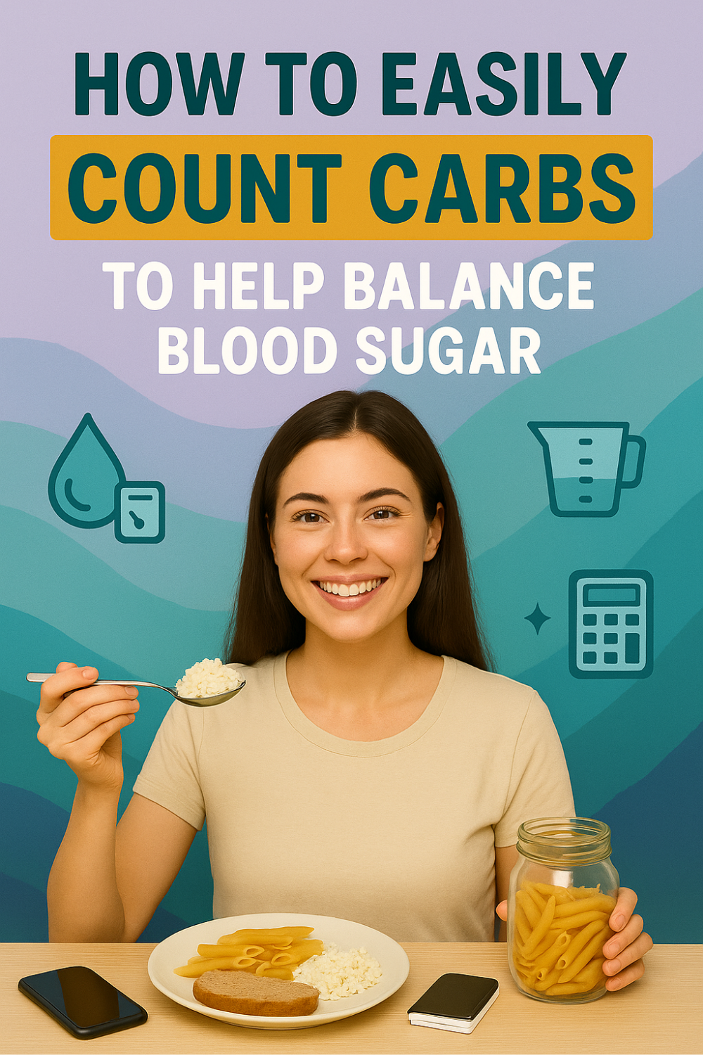 Smiling woman demonstrates easy carb-counting for balanced blood sugar—lifting a measured spoonful of rice while holding a jar of penne beside a plate with pasta, bread, and cottage cheese; smartphone, compact glucose meter, and backdrop icons of a blood drop, measuring cup, and calculator highlight portion tracking on a cool teal gradient.