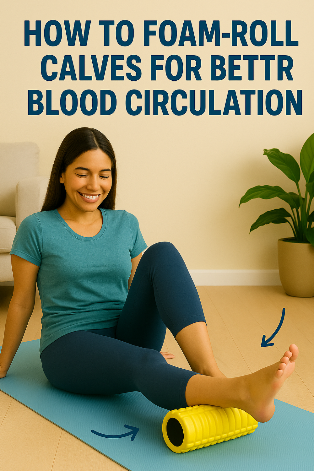 Woman in teal workout gear foam-rolling her calf on a yellow textured roller atop a yoga mat, arrows showing rolling motion to enhance blood circulation Woman in teal workout gear foam-rolling her calf on a yellow textured roller atop a yoga mat, arrows showing rolling motion to enhance blood circulation