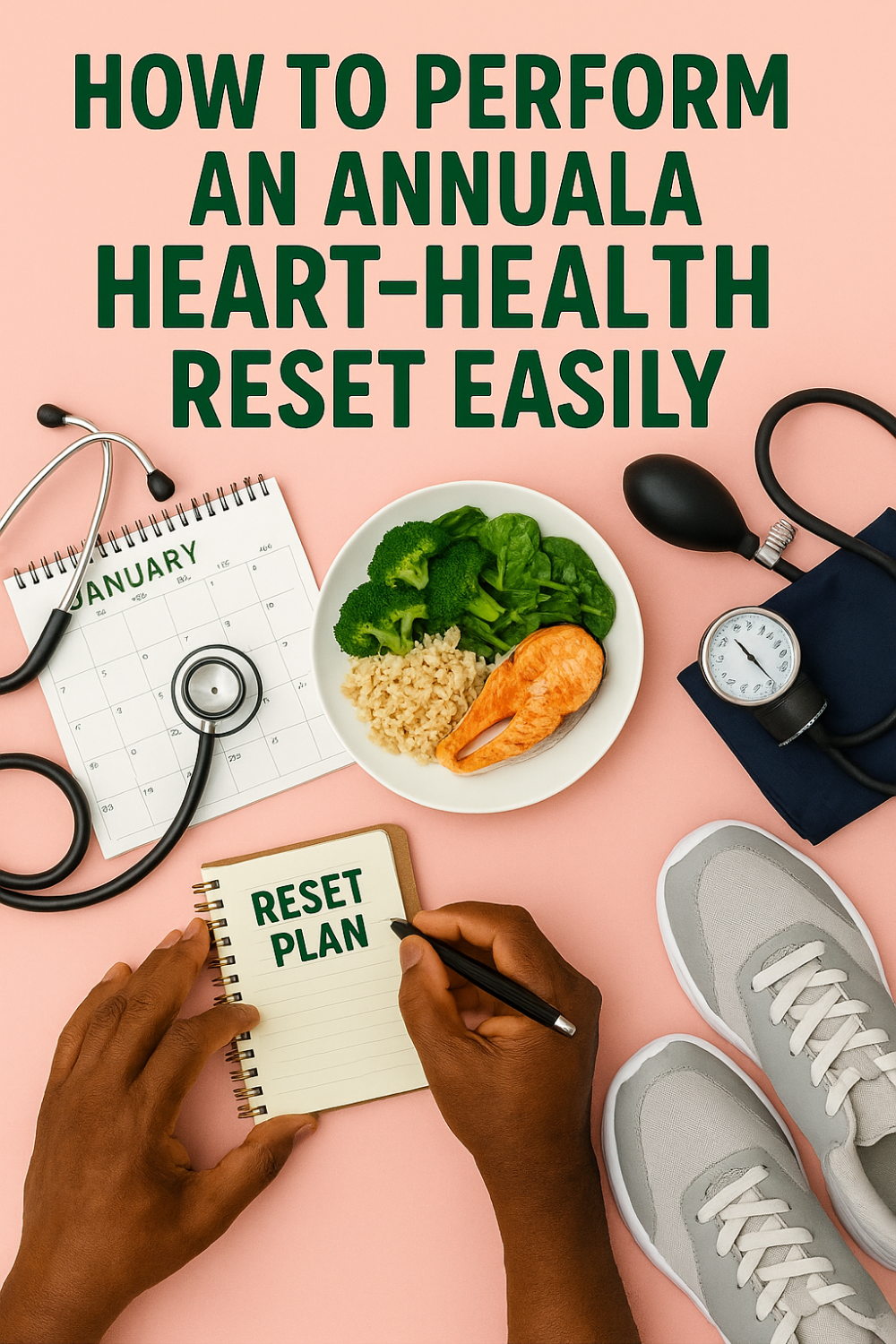 Flat lay illustrating an annual heart-health reset: hands writing “Reset Plan” in notebook beside January calendar with stethoscope, blood-pressure cuff, running shoes and a healthy plate of salmon, brown rice and leafy greens on pastel pink background