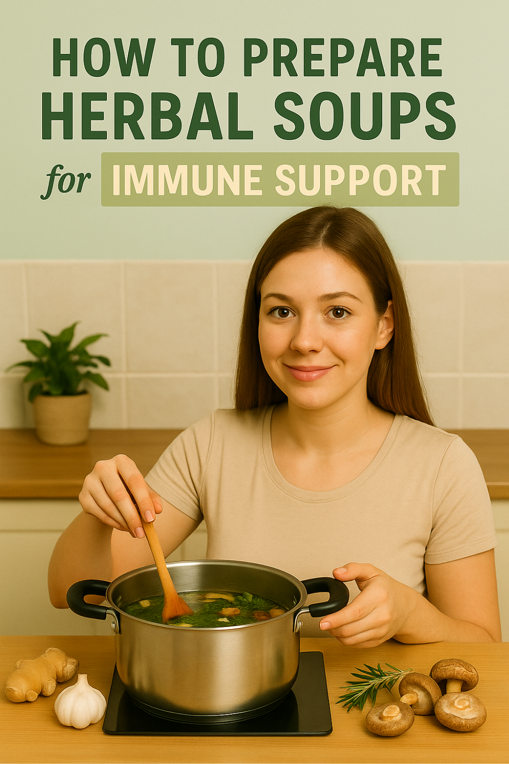 Woman stirs a pot of ginger-garlic herb soup with shiitake and greens, demonstrating a comforting way to bolster immune support in the kitchen.