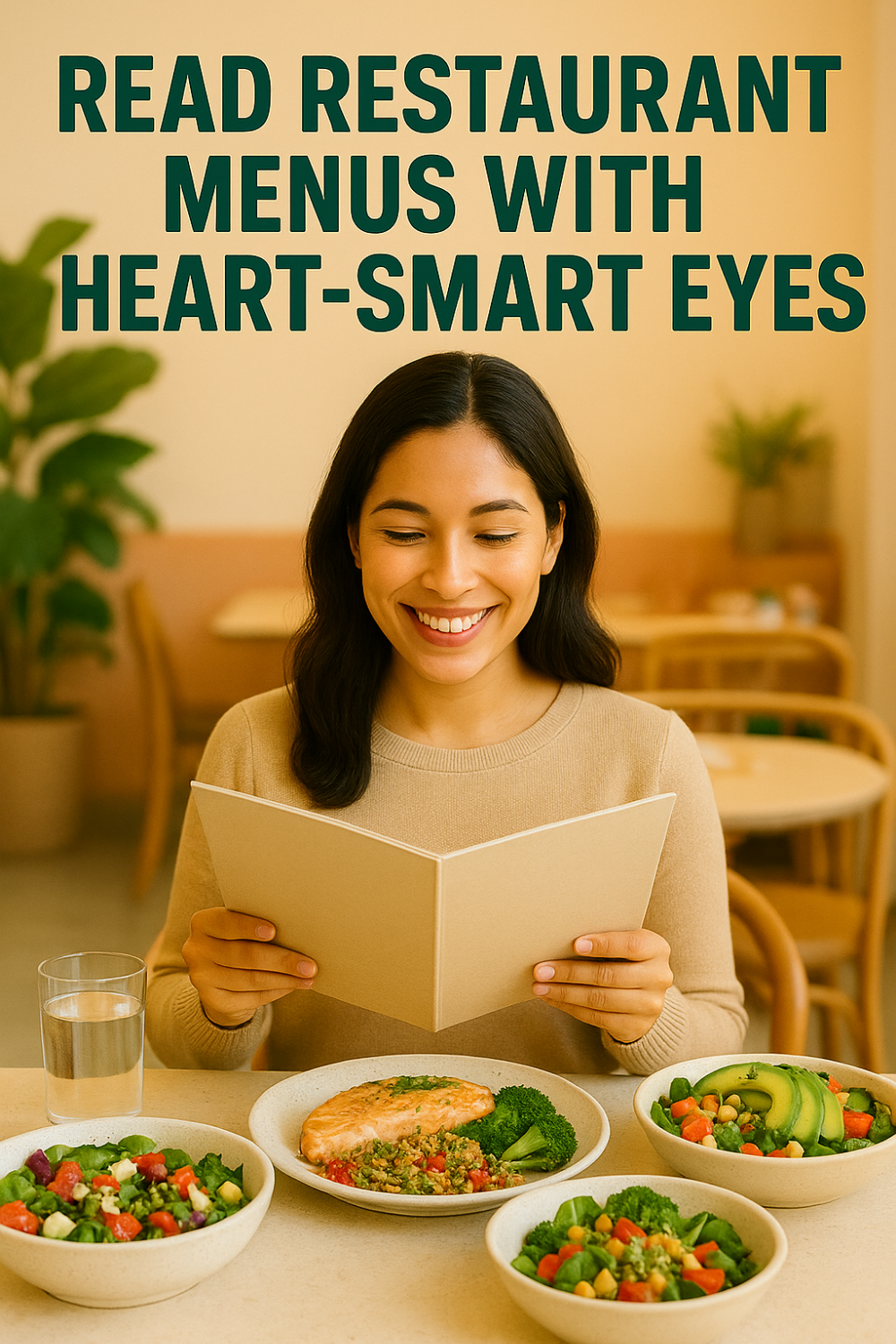 Woman reading restaurant menu and smiling at table with heart-smart dishes—salmon over quinoa and broccoli, avocado chickpea salad, colorful mixed salads, and a glass of water—illustrating healthy menu choices
