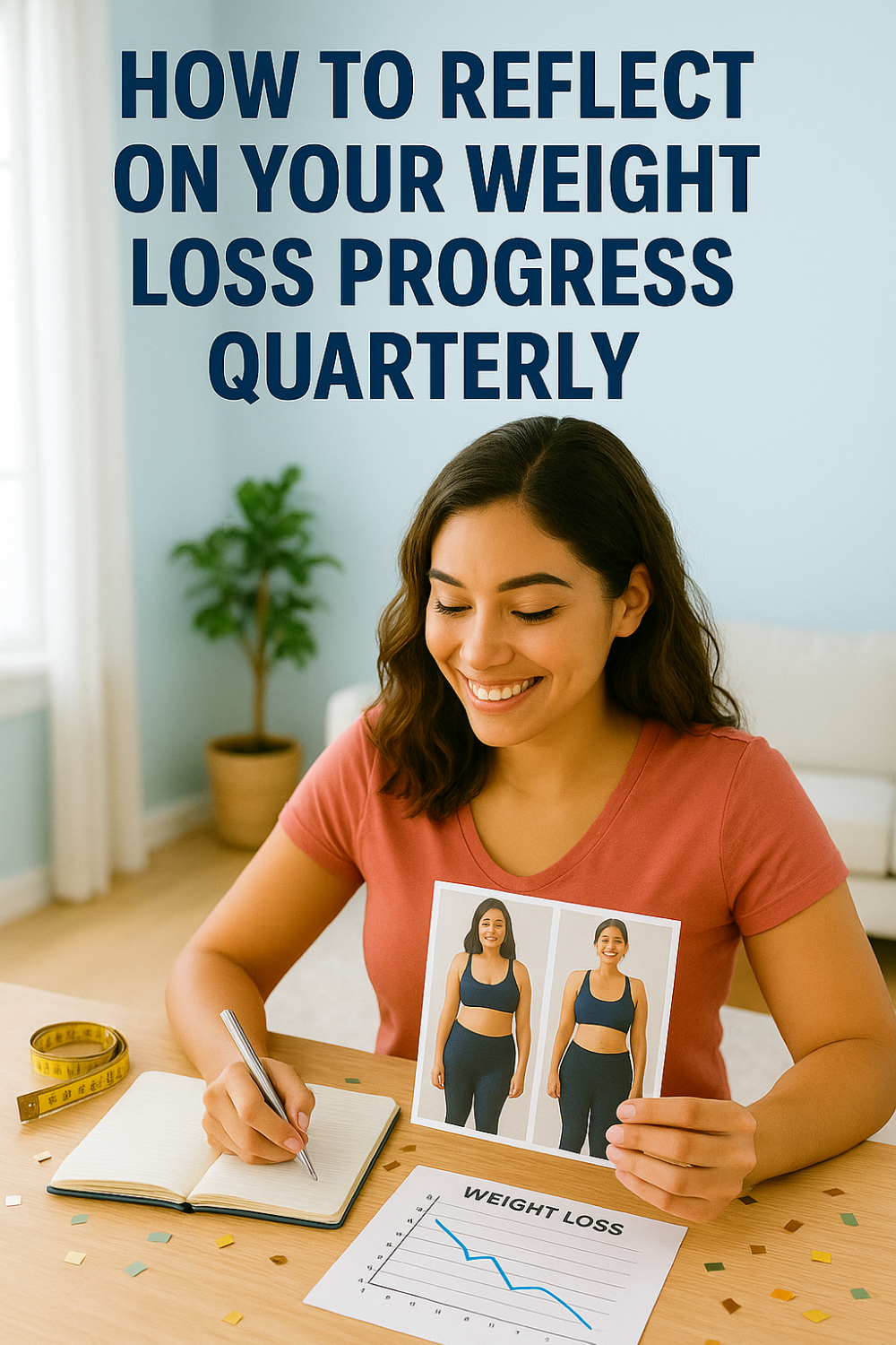 Woman smiling and journaling, holding weight loss progress photos and charts for quarterly reflection.