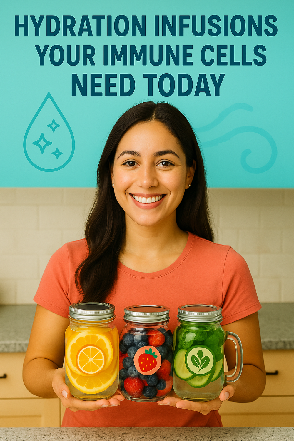 Smiling woman holding three mason jars of water infusions—orange slices, mixed berries, and cucumber with leafy greens—for immune-boosting hydration in a bright kitchen