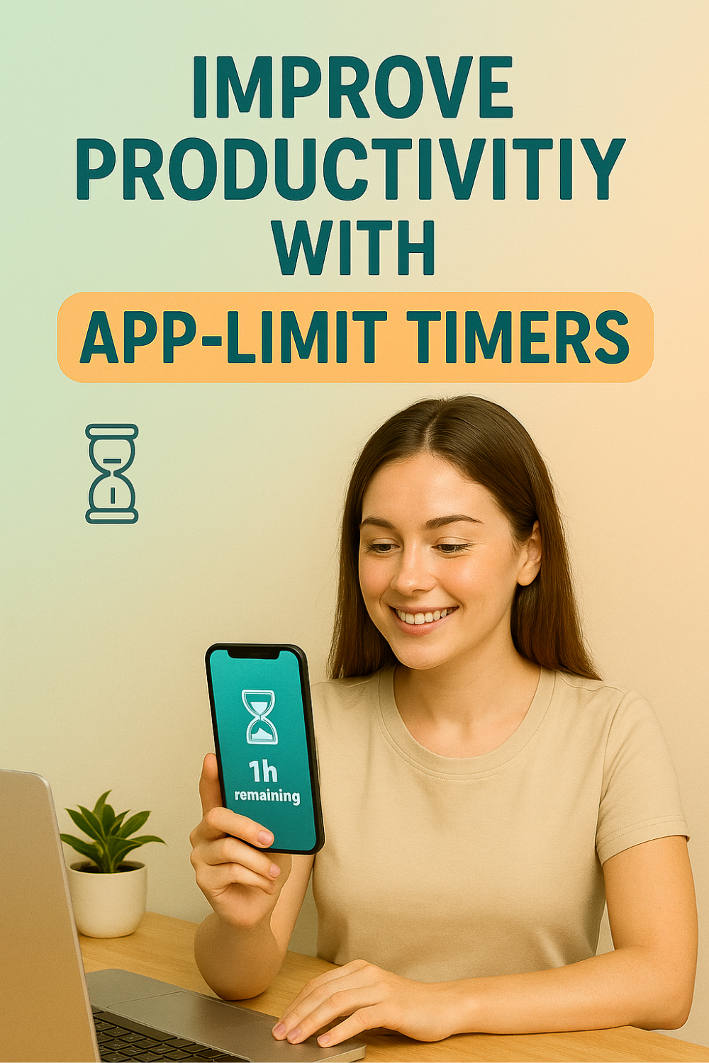 Smiling woman at a desk holds a phone displaying an hourglass and “1 h remaining,” highlighting how app-limit timers help sharpen focus and lift daily productivity.