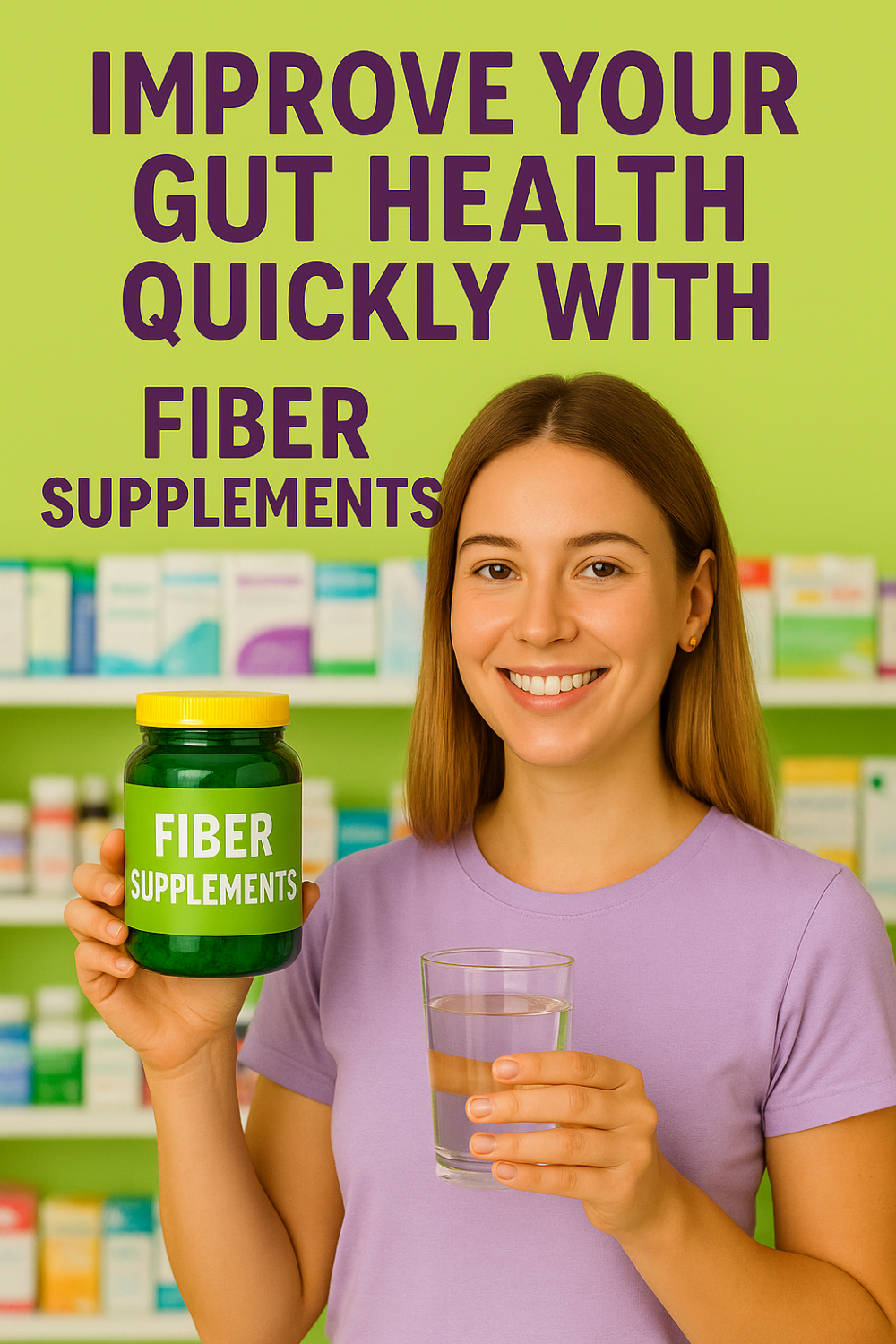 Smiling woman holding a jar labeled "Fiber Supplements" and a glass of water.