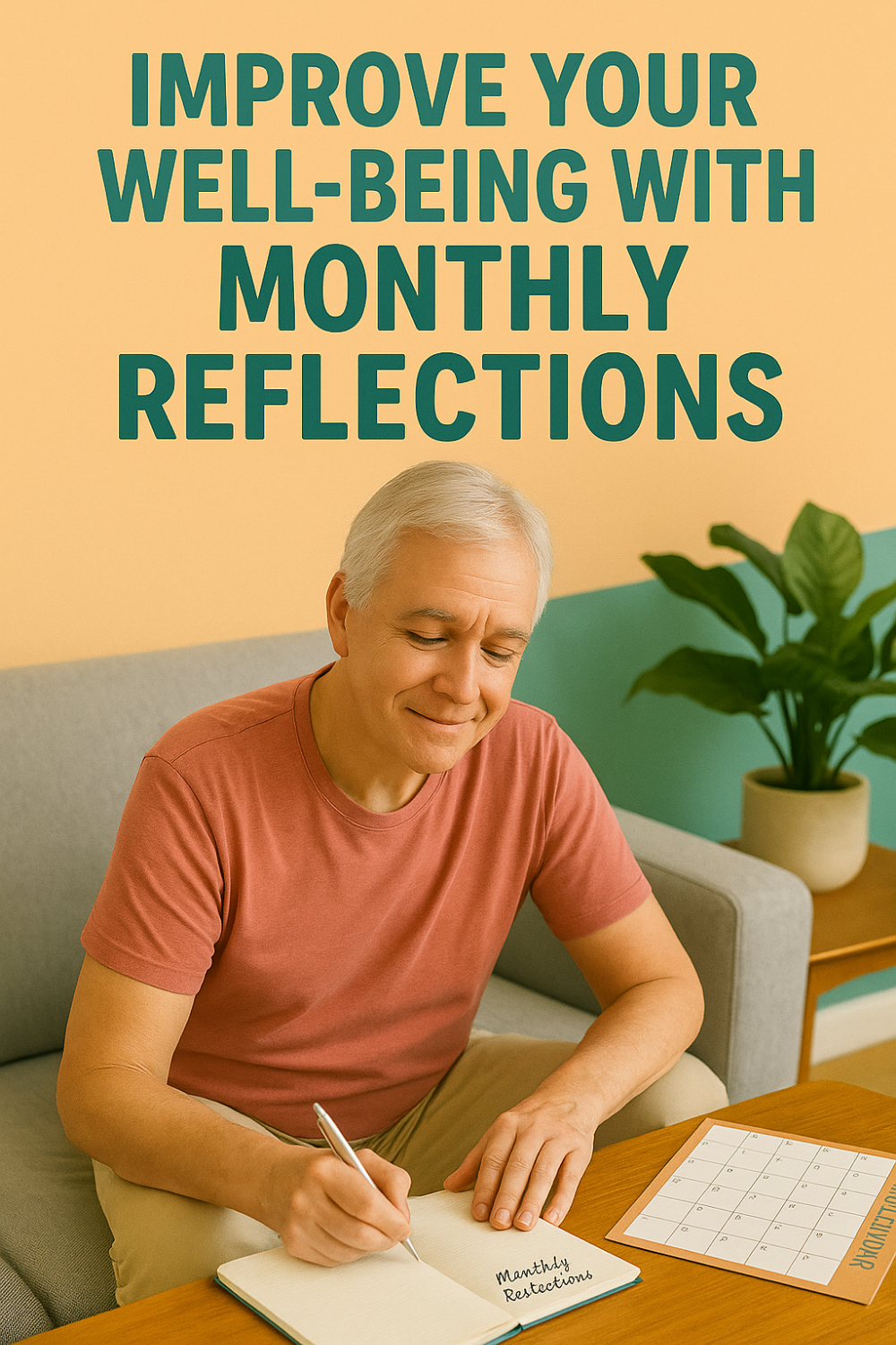 Older man in a coral T-shirt sits on a couch writing “Monthly Reflections” in a journal, with a blank calendar on the table—encouraging well-being through monthly reflection practice.