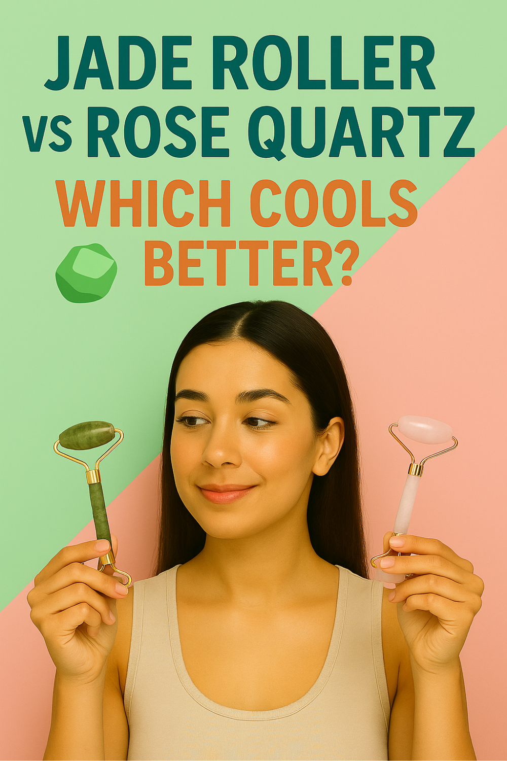 A young woman in a beige tank top holds a green jade facial roller in her left hand and a pink rose-quartz roller in her right, glancing thoughtfully between them; a split mint-and-peach background and a simple jade-stone graphic underscore the side-by-side cooldown comparison.