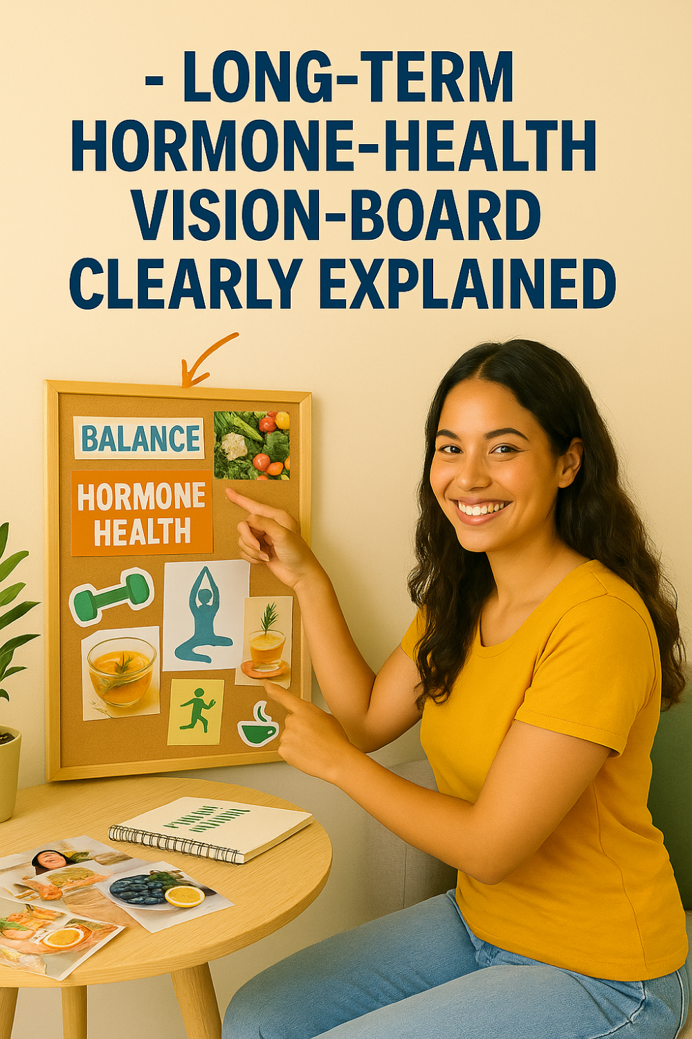 Smiling woman creating a hormone-health vision board.