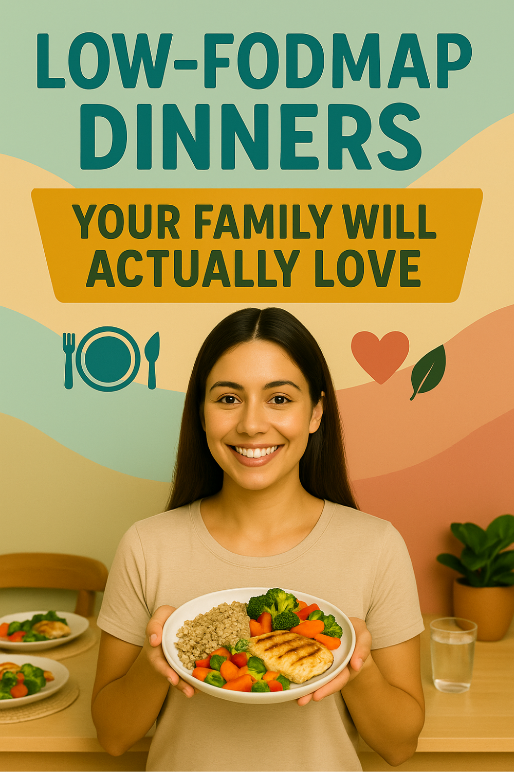 A smiling woman stands in a cozy dining room, holding a dinner plate piled with grilled chicken breast, fluffy quinoa, broccoli florets, baby carrots, and Brussels sprouts; softly blurred family-style plates behind her and simple plate-and-cutlery, heart, and leaf icons hint at low-FODMAP dinners your family will actually love.