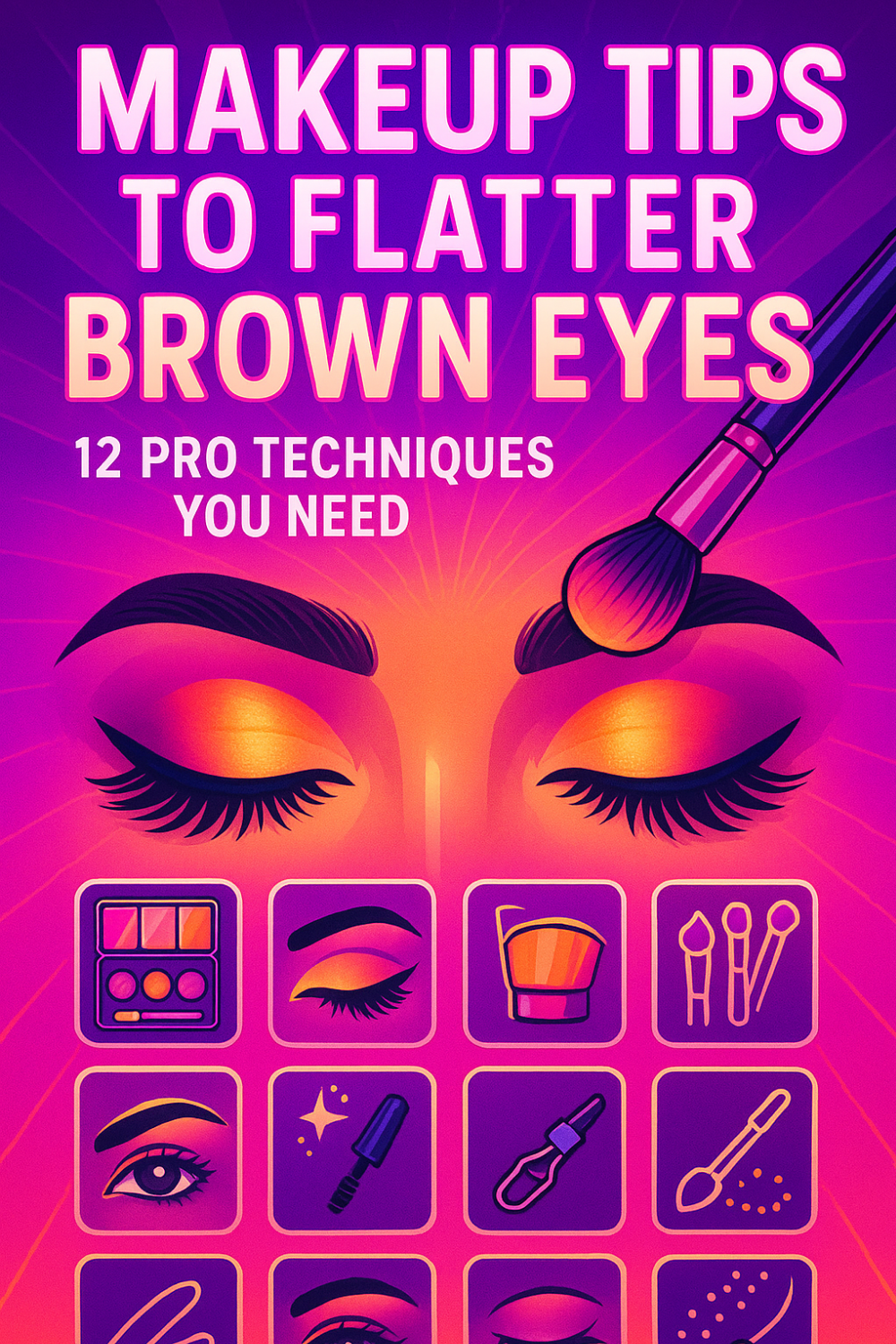 Vibrant purple‐pink gradient backdrop with bold text above a pair of stylized closed eyes showcasing golden‐pink eyeshadow, full lashes, and a makeup brush applying shadow to the right brow. Below, a 3×4 grid of icons represents professional tools and looks—eyeshadow palette, winged liner graphic, blending brush, set of makeup brushes, defined brow with open eye, mascara wand, eyelash curler, eyeshadow applicator, brow pencil, smudged liner shape, and other cosmetic visuals—illustrating step‐by‐step techniques to enhance and flatter brown eyes.